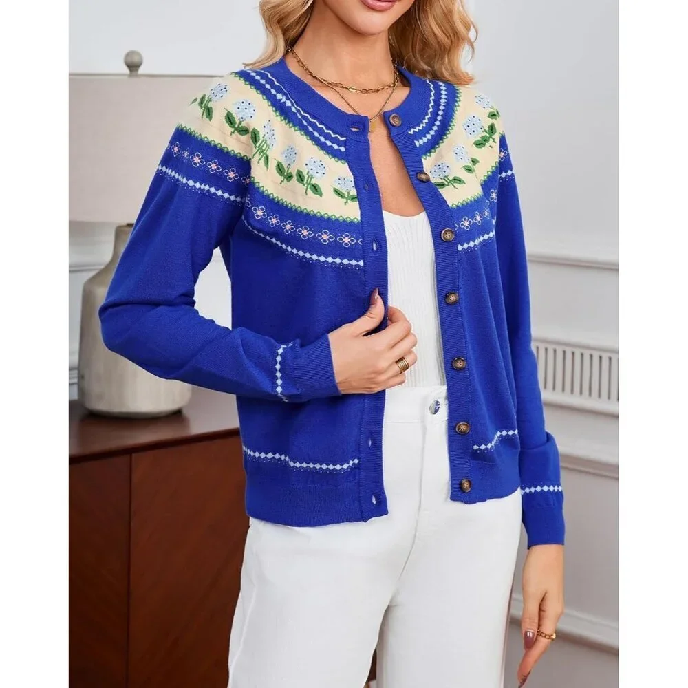 Women's Long Sleeve Knit Cardigan Floral Print Button Front Crew Neck